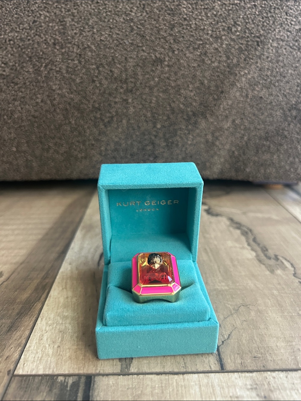 Kurt Geiger Hot Pink and Gold Geometric Cocktail Ring Size 7
